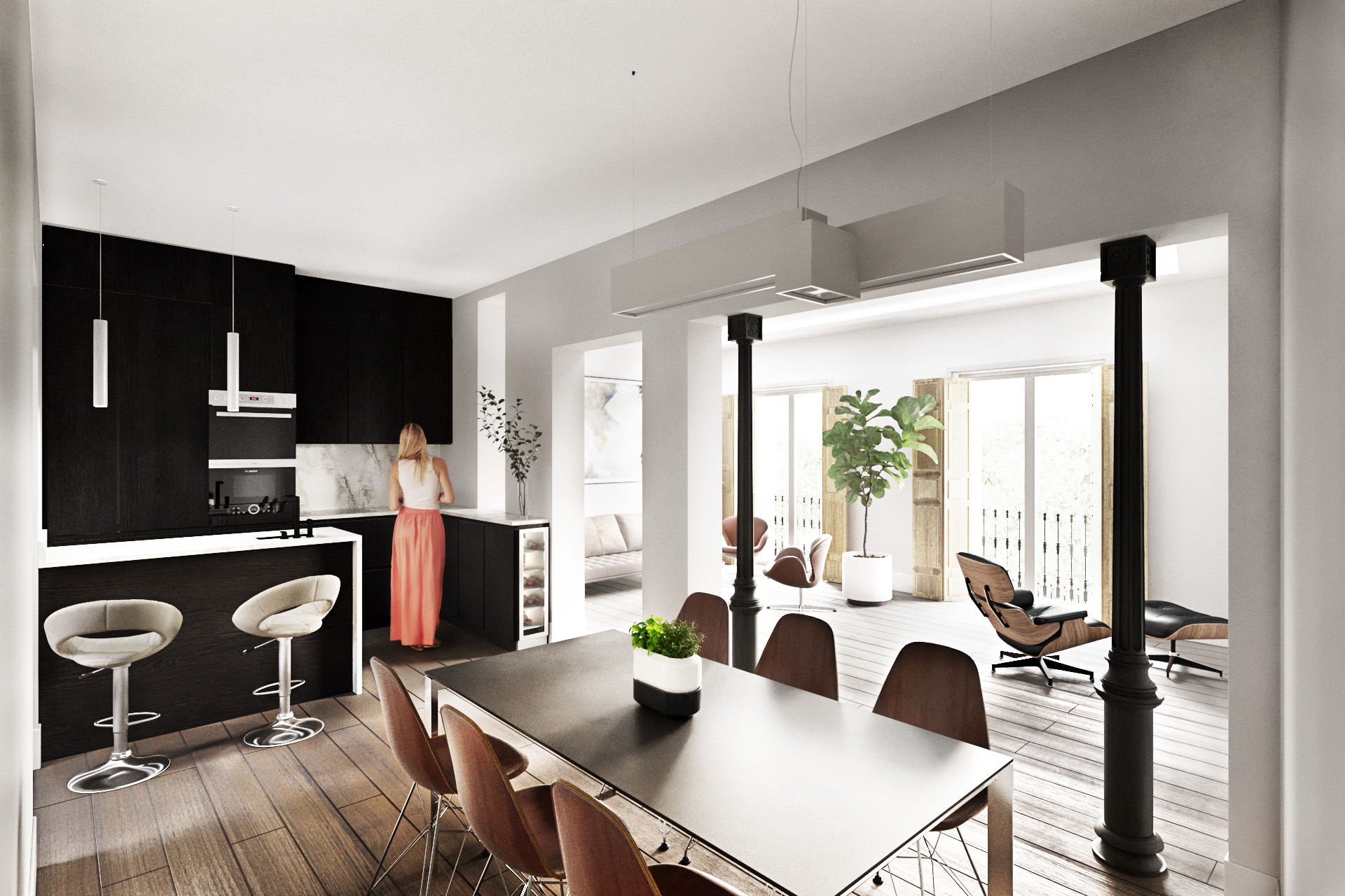 Madrid Render 3D Cava alta imagen de un salón con cocina abierta de un proyecto de reforma virtual