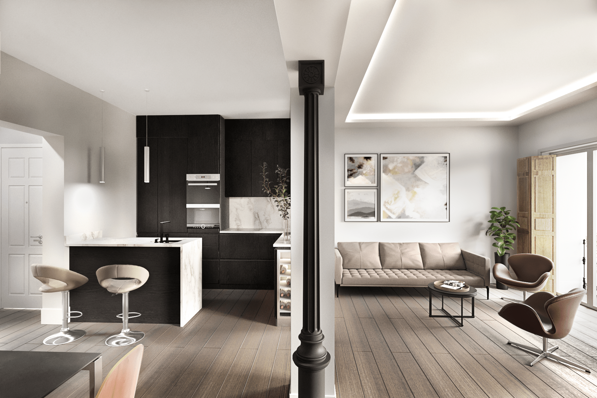 Madrid Render 3D Cava alta imagen de salon cocina de un proyecto de reforma virtual