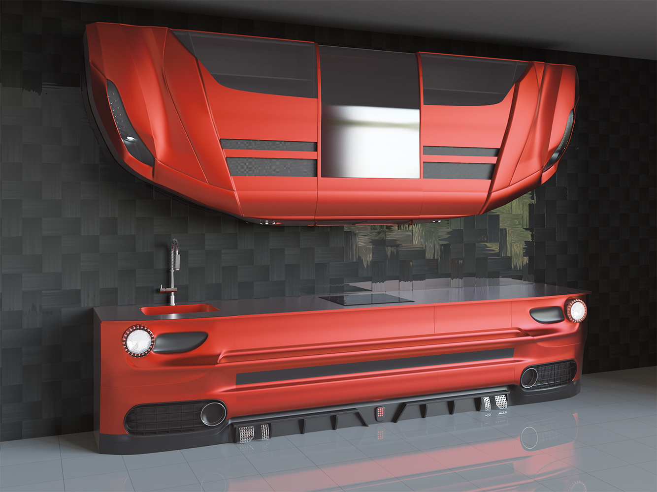 Imagen 3D que muestra la vista en perspectiva de una cocina de lujo con acabados de coche deportivo