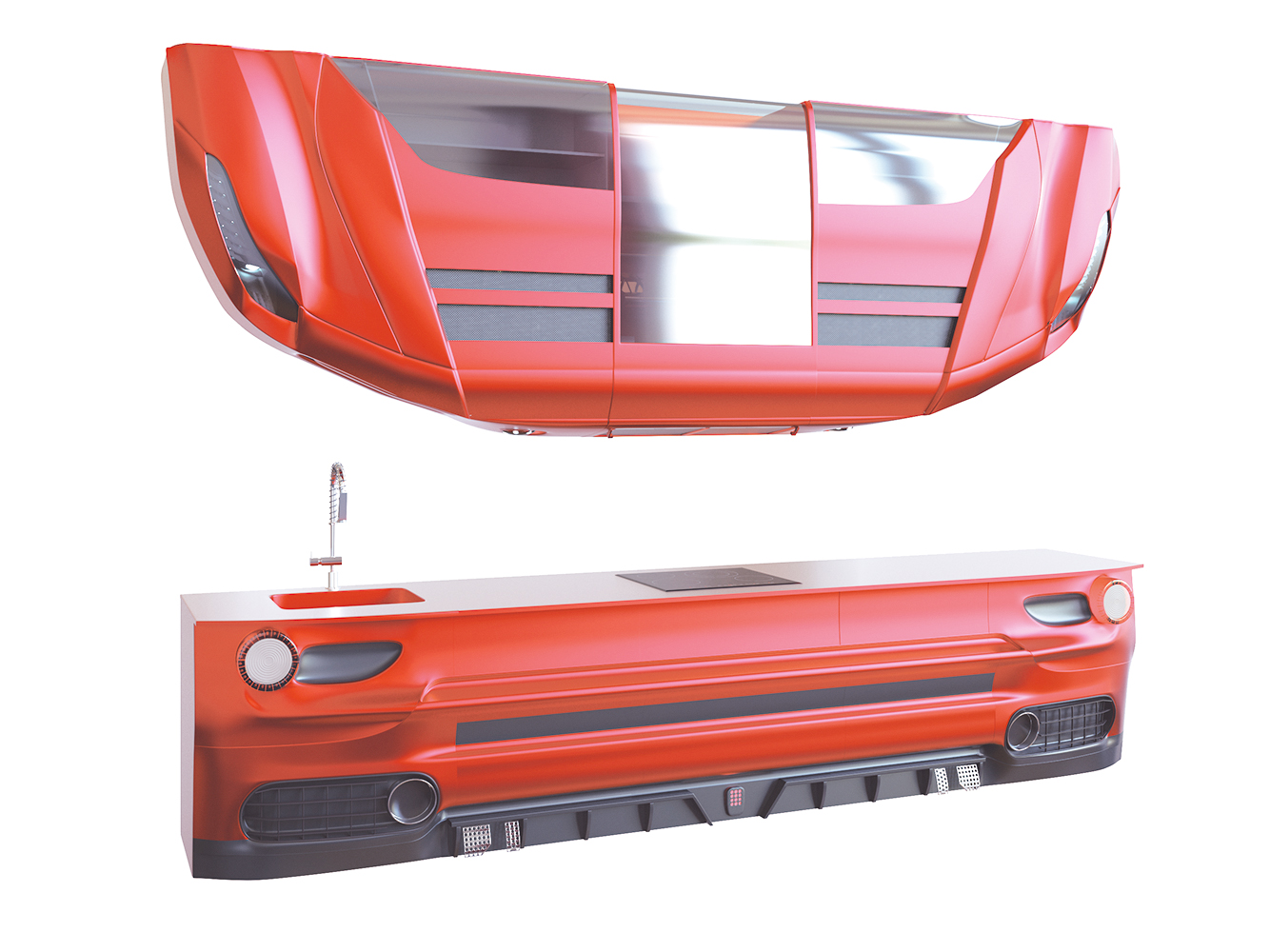 Imagen 3D que muestra la vista en perspectiva de una cocina de lujo con acabados de coche deportivo rojo