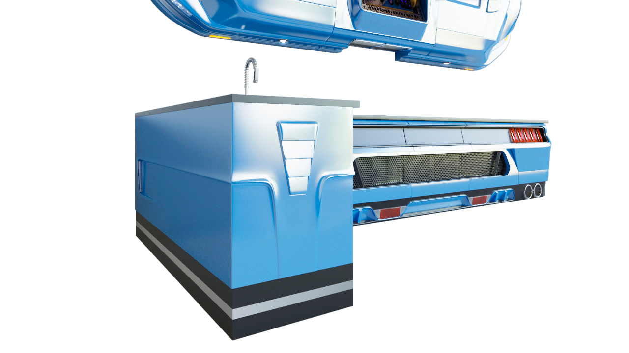 Imagen 3D que muestra la vista en perspectiva de una cocina de lujo con acabados de coche deportivo azul