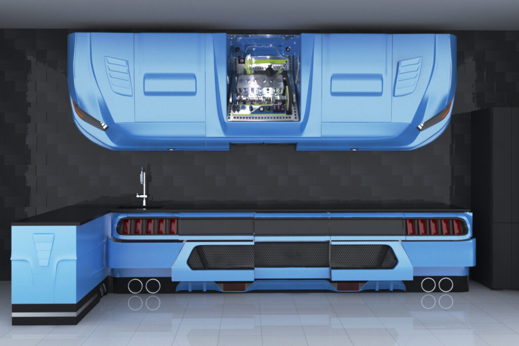 Imagen 3D que muestra la vista frontal de una cocina de lujo con acabados de coche deportivo