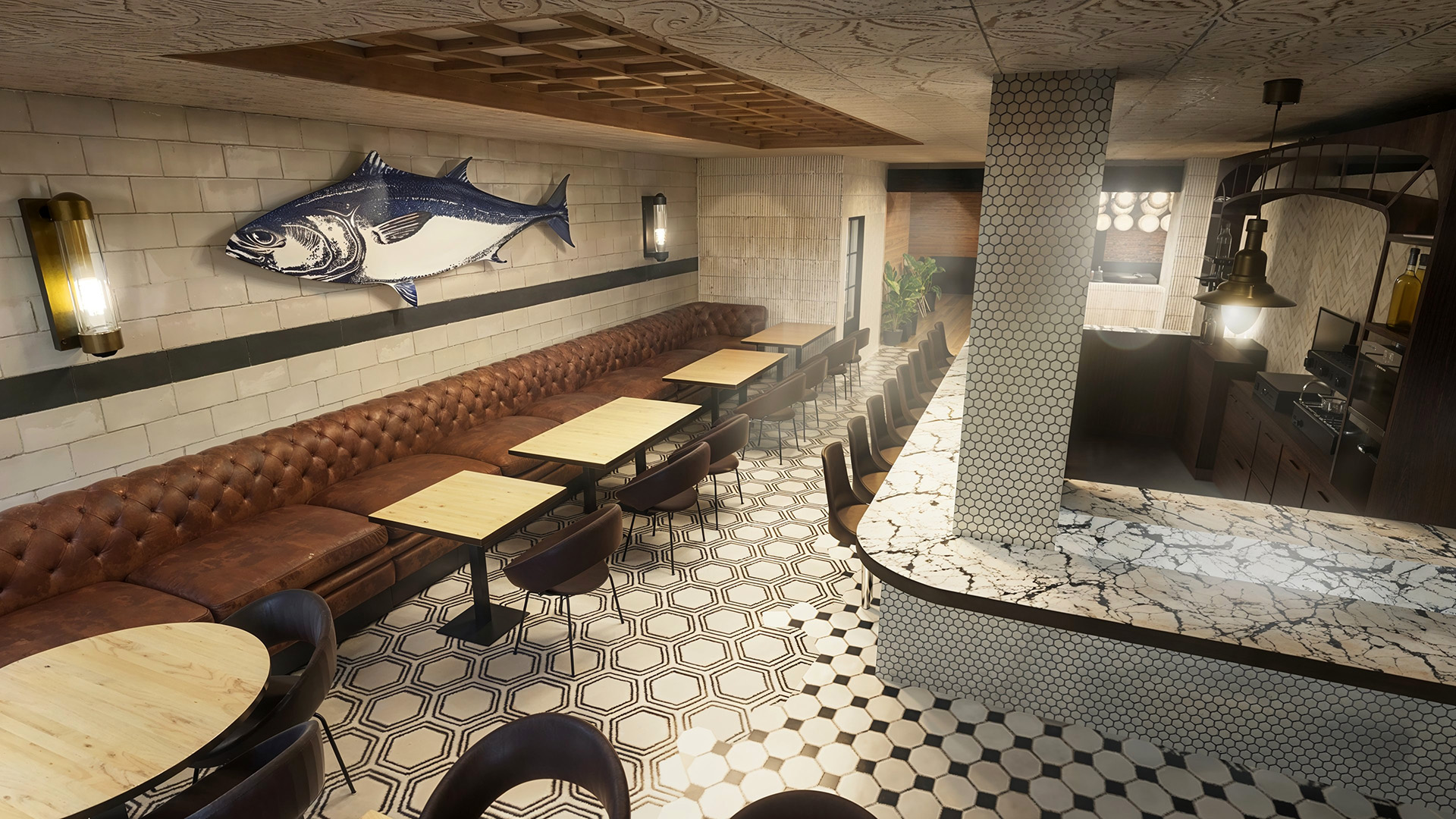Madrid Render 3D del interior de un restaurante llamado The Tuna House diseñado por el estudio Top Design Madrid
