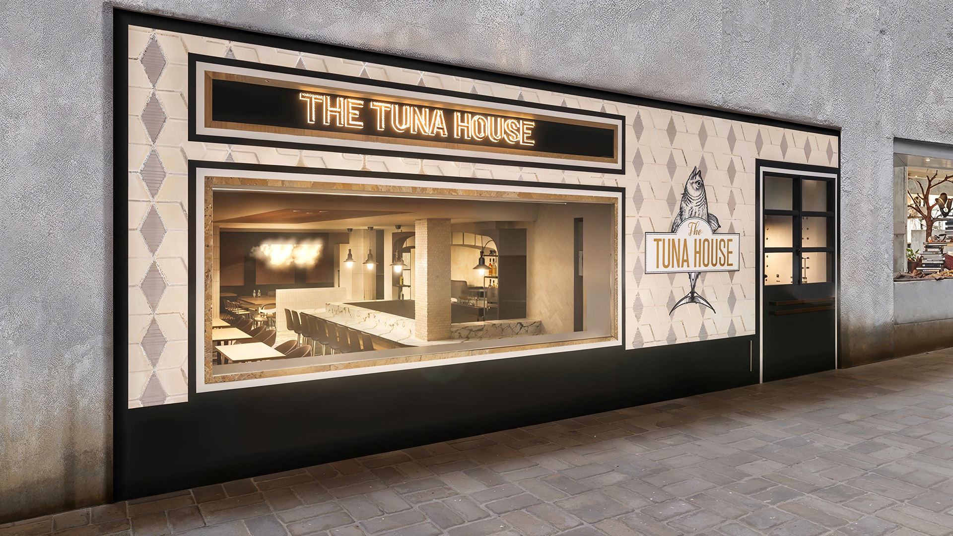Madrid Render 3D de la fachada de un restaurante llamado The Tuna House diseñado por el estudio Top Design Madrid