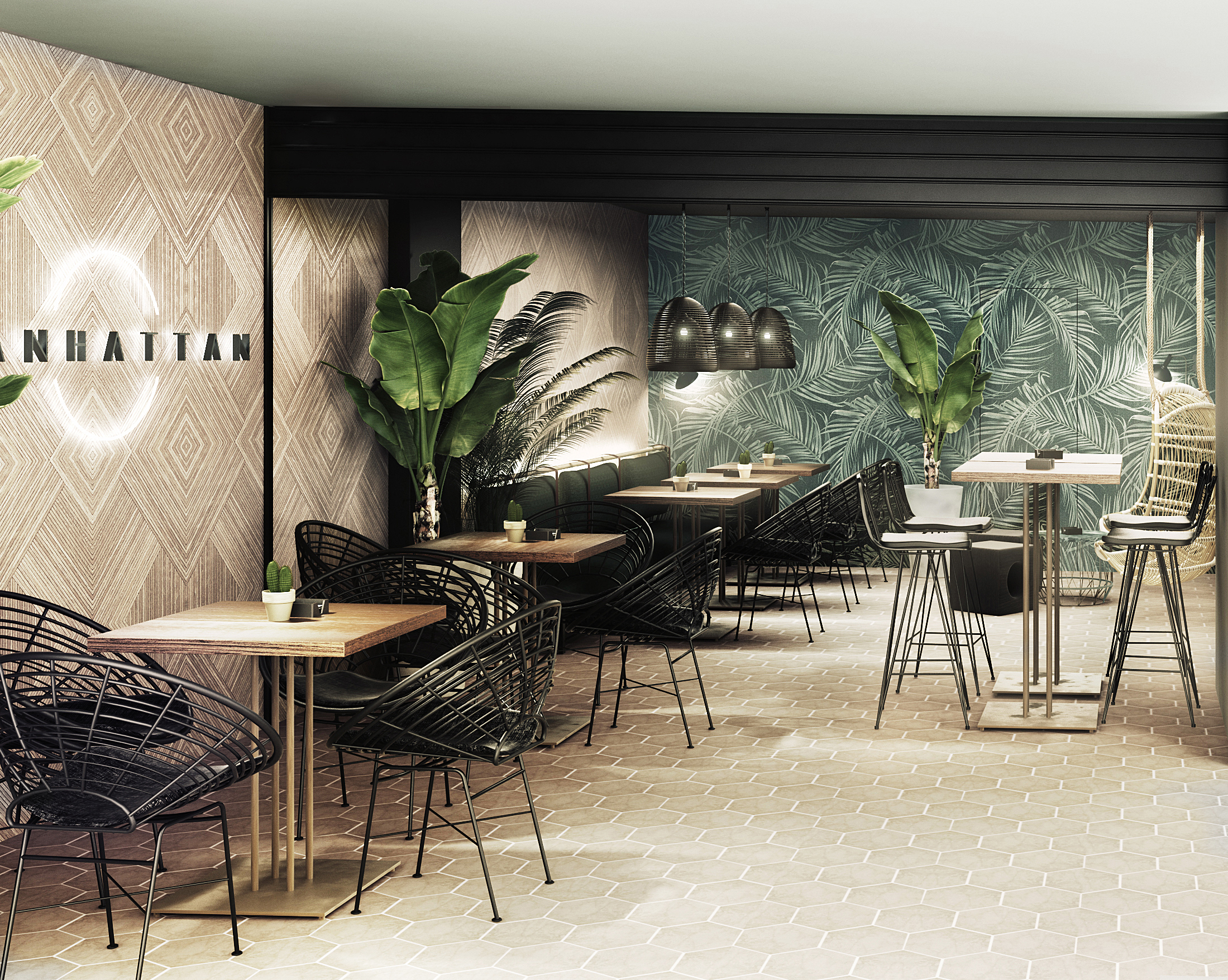 Almería Render 3D del interior de un local de hostelería bar pub