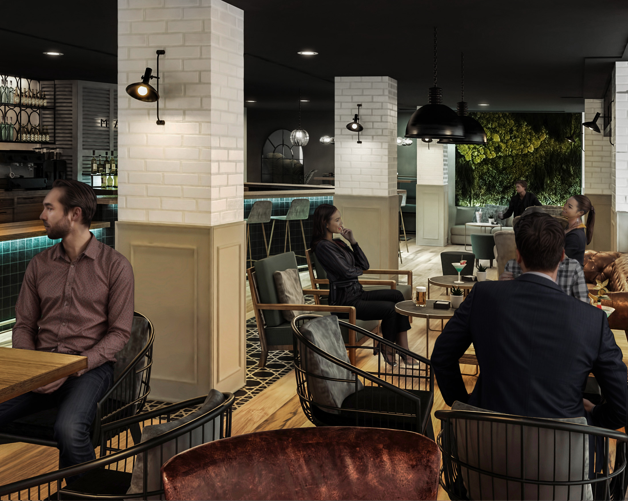 Almería Render 3D del interior de un local de hostelería cafetería Pub con personas sentadas