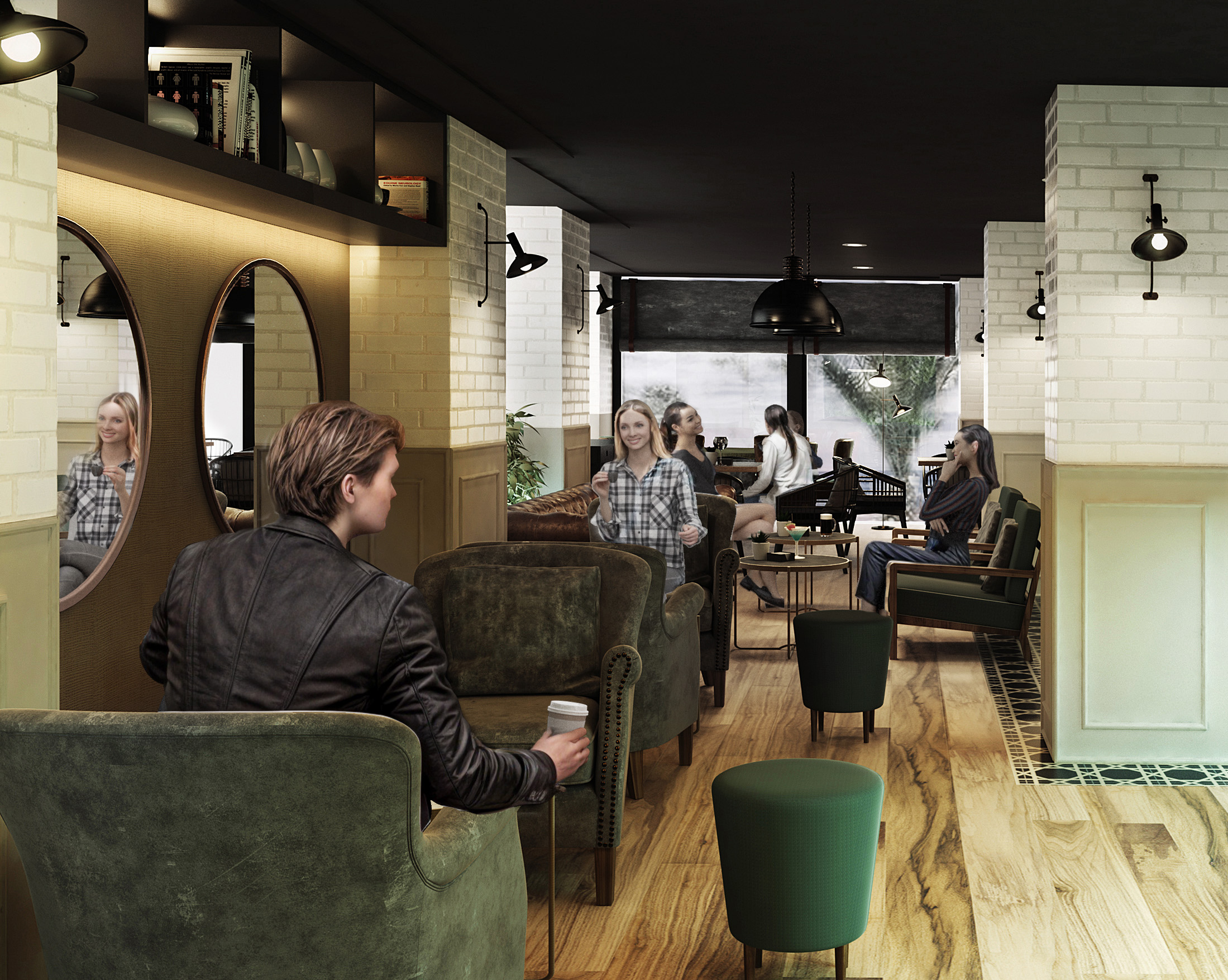 Almería Render 3D del interior de una cafetería con personas sentadas