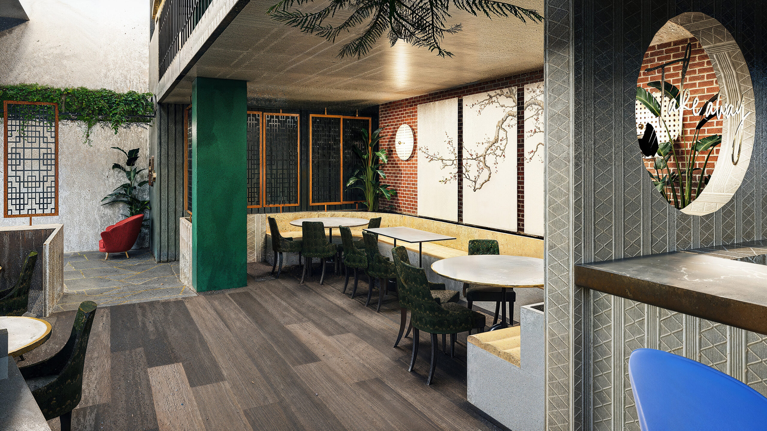 Madrid Render 3D del comedor interior del restaurante asiático Miss Chen Valdebebas diseñado por el estudio Top Design Madrid
