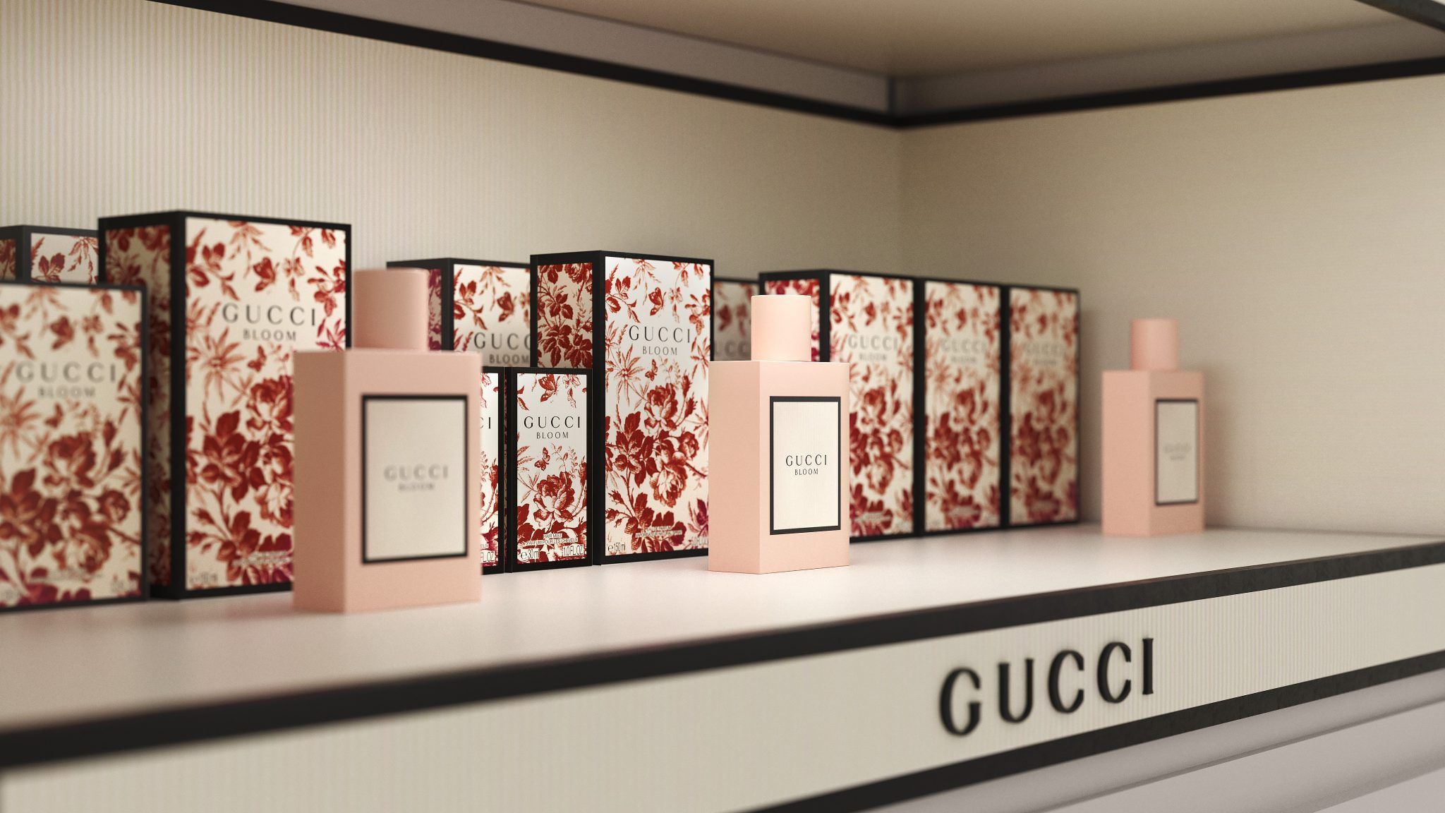 Render 3D retail de productos de Gucci Bloom en una estantería en Miami
