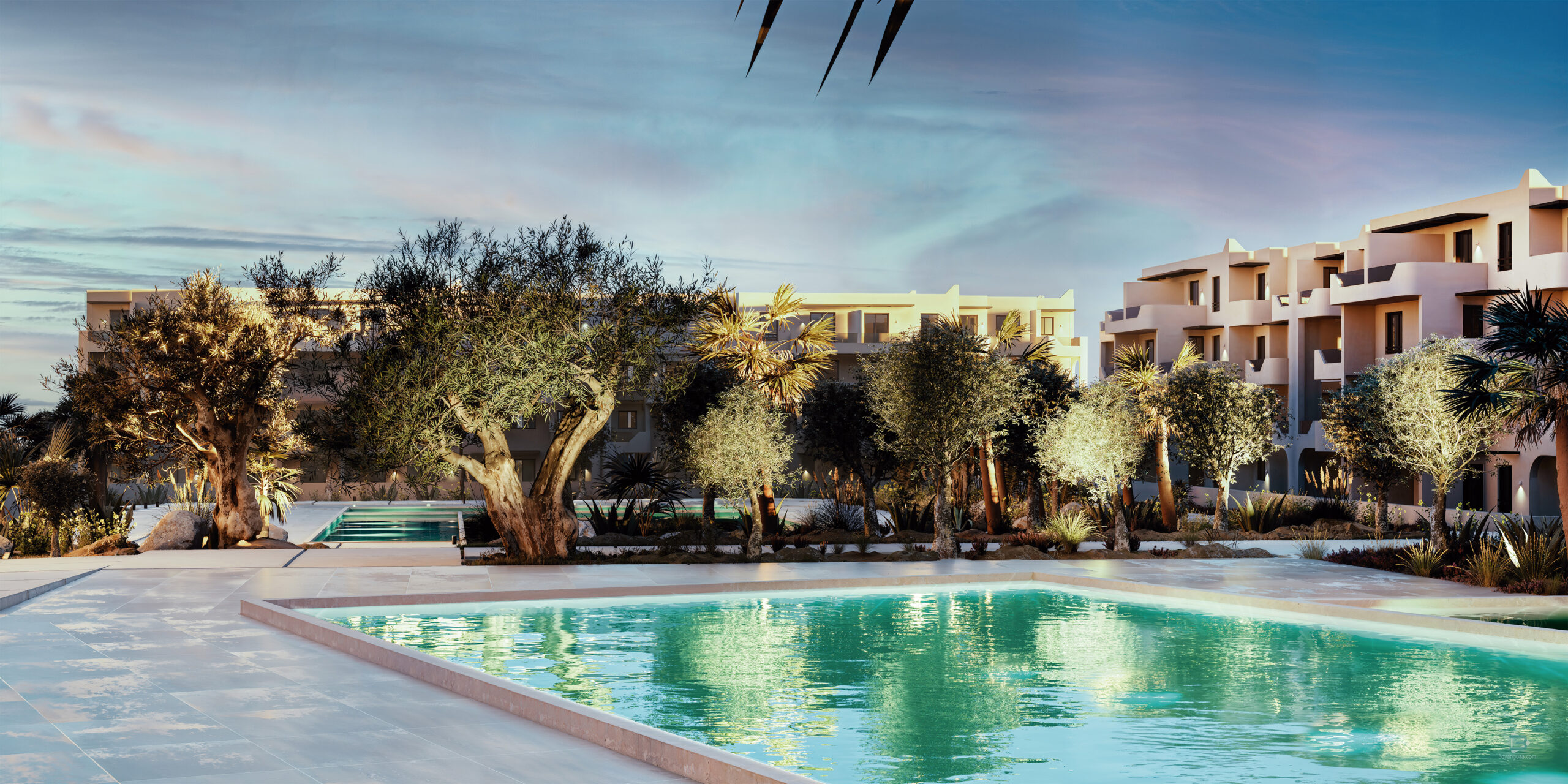 Tetuan Render 3D Marruecos Vista exterior nocturna del complejo de proyecto l´olivier Residencial construido por Moussa Real Estate