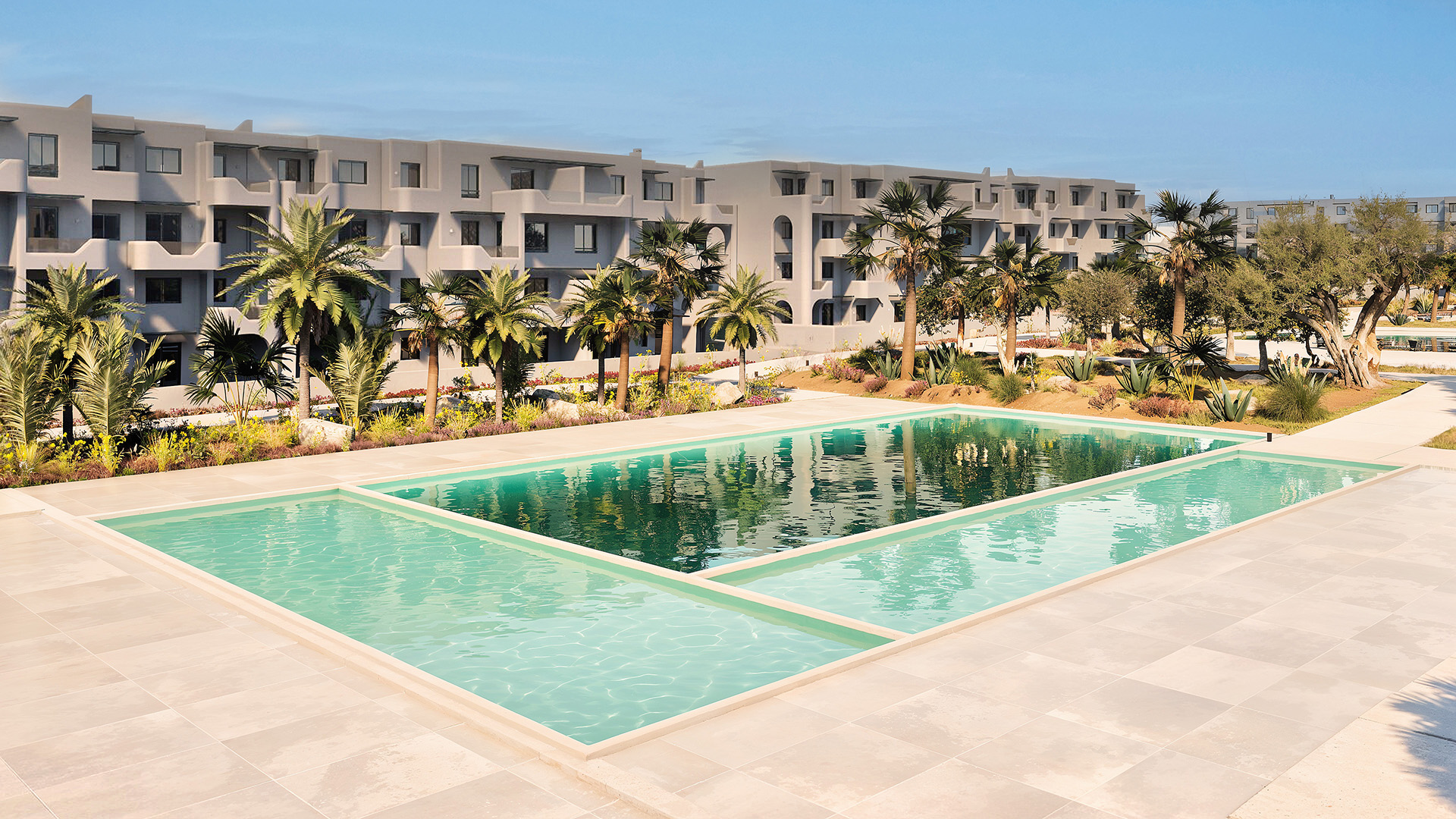 Tetuan Render 3D Marruecos Vista exterior de piscina de proyecto l´olivier Residencial construido por Moussa Real Estate