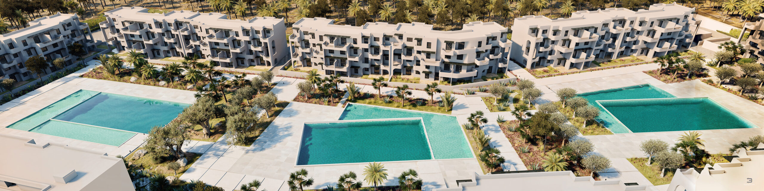 Tetuan Render 3D Marruecos Vista exterior del complejo e proyecto l´olivier Residencial construido por Moussa Real Estate