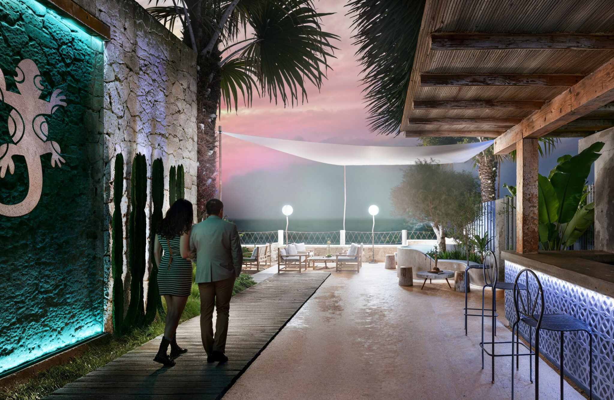 Almería Render 3D del exterior de un beach club al atardecer de la playa