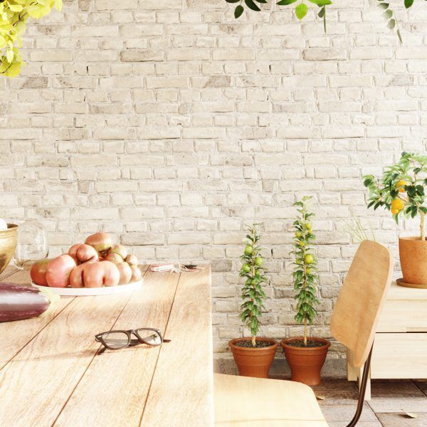 Render 3D de mesa y silla de madera en jardin para catalogo en segovia
