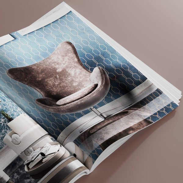 render de silla en un catalogo con formato de revista
